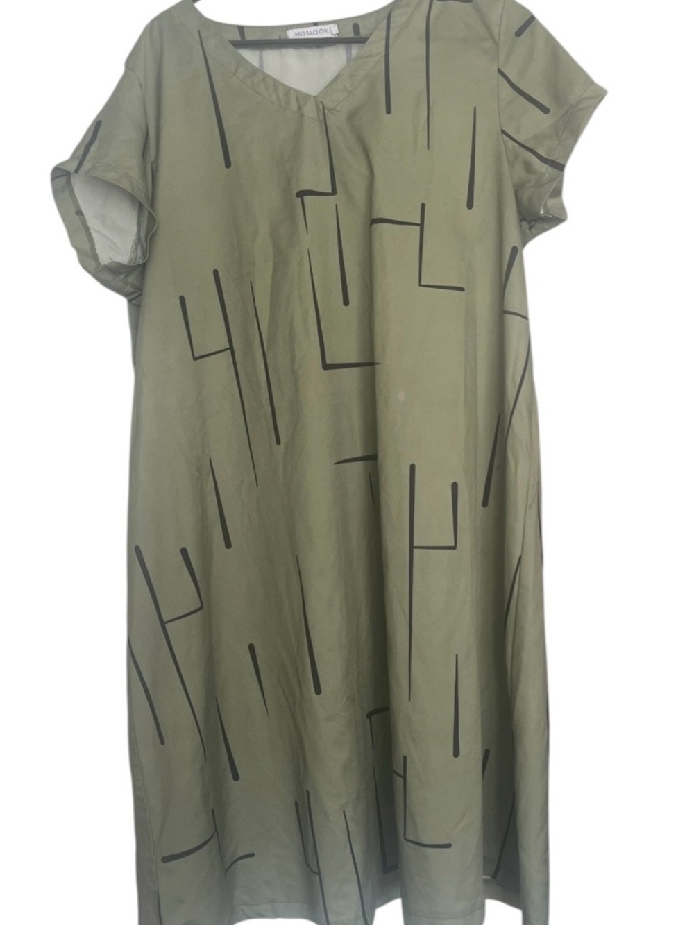 MISSLOOK Olive Green V-Neck Shift Dress with Black Linear Print